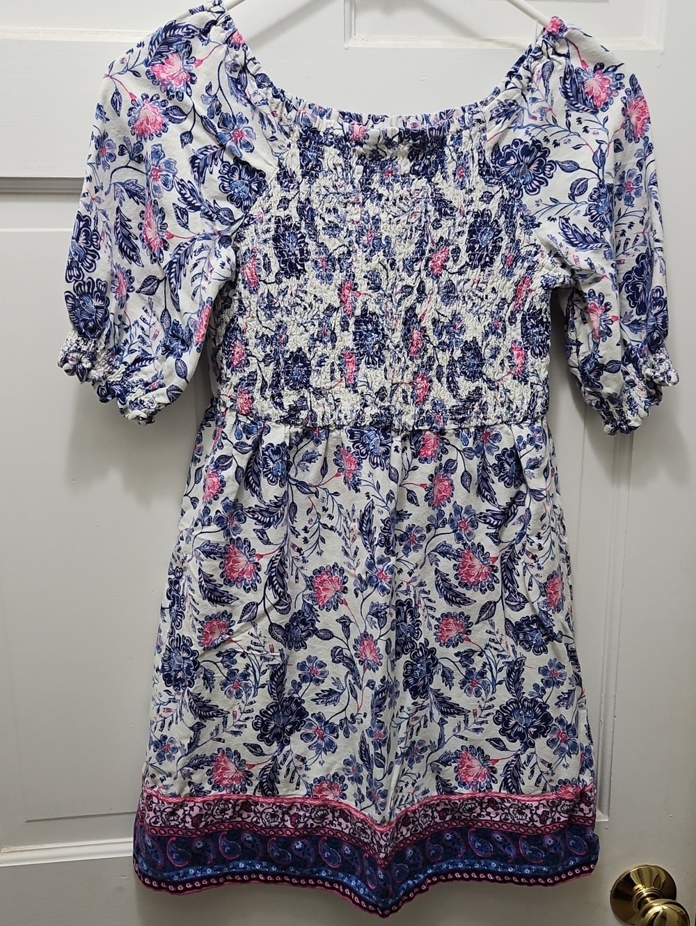 Old Navy White Dress with Blue & Pink Floral Print Girls 10/12